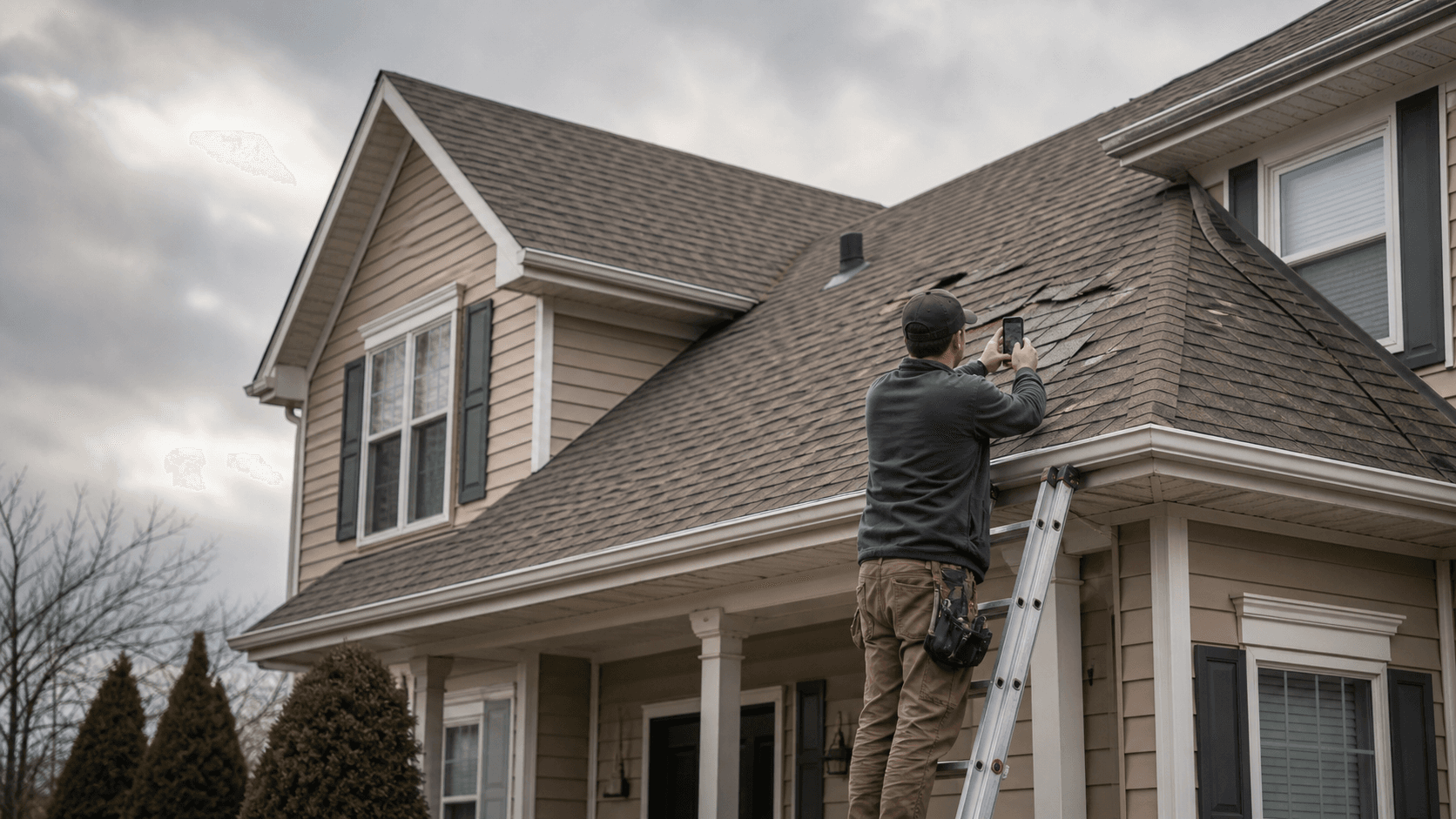Contractor documenting storm damage for a roof insurance claim